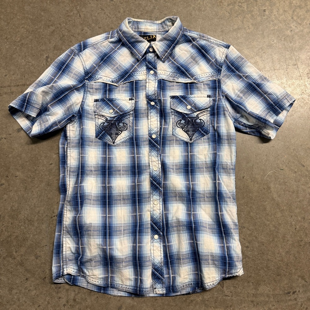 Helix Mens Blue Plaid Pearl Snap Western Shirt Short Sleeve Medium Embroidered